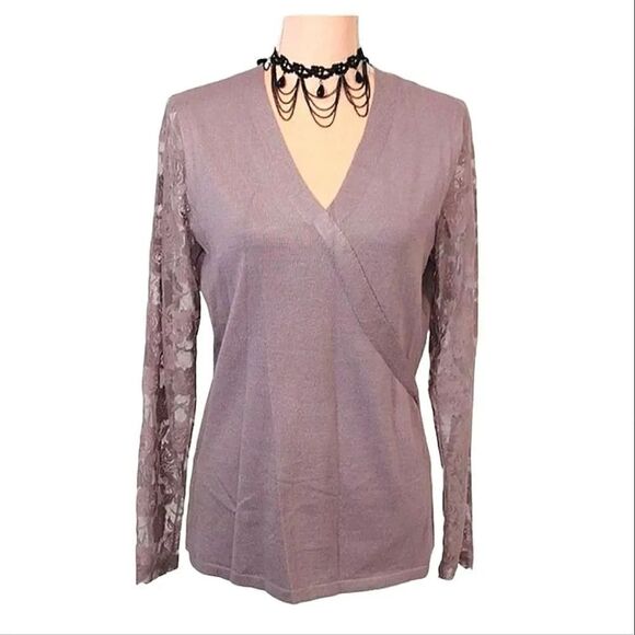 Questions Lavender Long Floral Lace Sleeves Tunic Sweater Medium NWOT - Picture 1 of 16